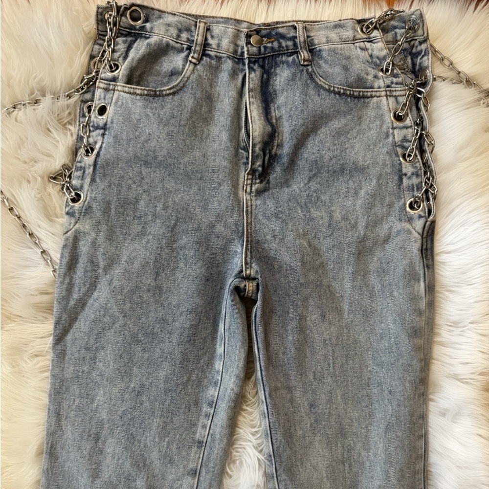 Chain-Embellished Gray Jeans